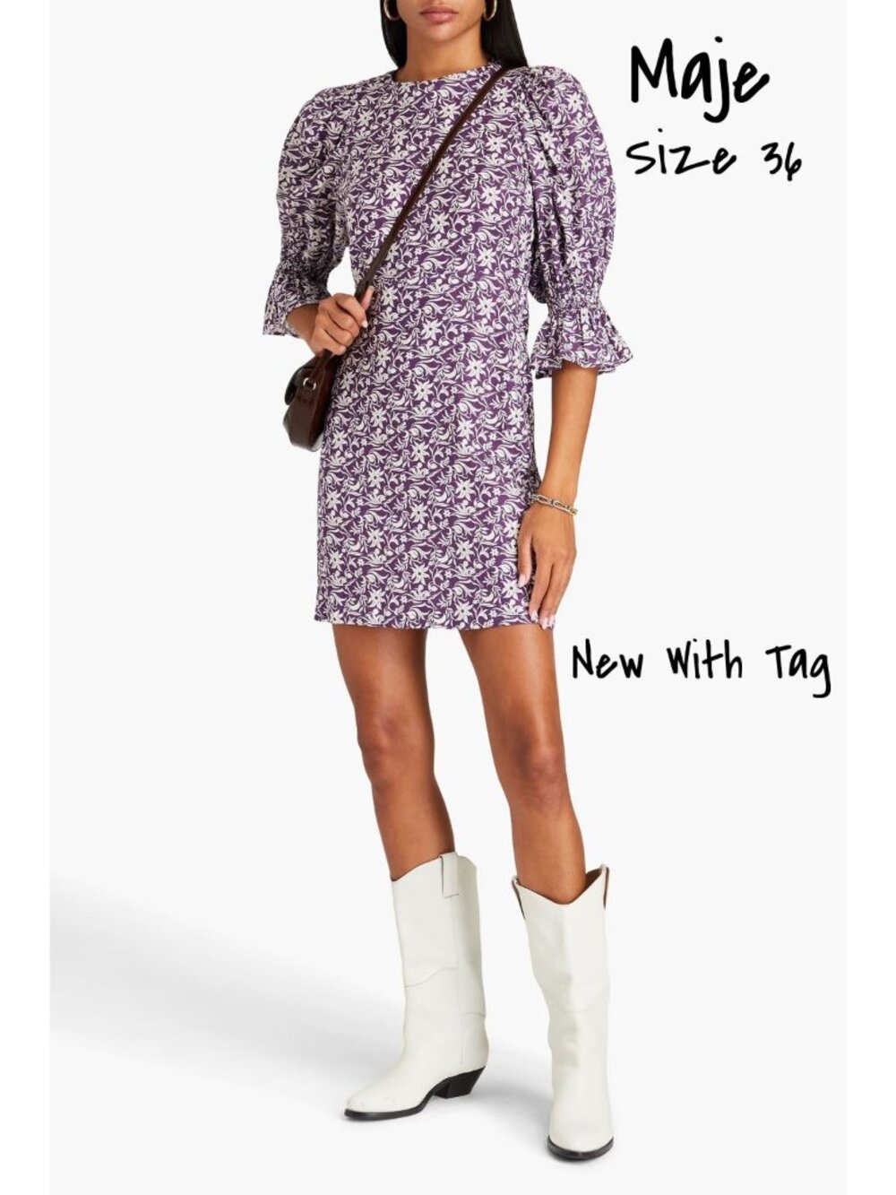 Maje Womens Linen-Blend Mini Dress Floral Purple Size 36 New With Tag